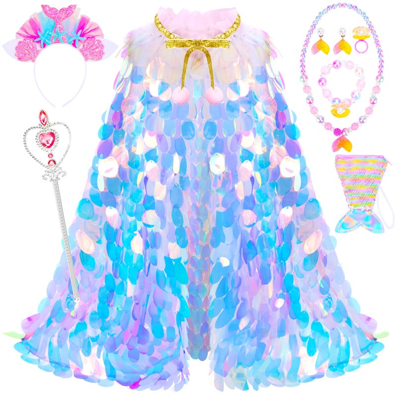 LIMIROLER Princess Dress Up Toys Princess Dress Up Clothes Rainbow Mermaid Cape Kit 9 Pcs Gift Set for Little Girls 3-8 Years Old  Great Gift Set for Birthday Christmas Halloween - Image 1